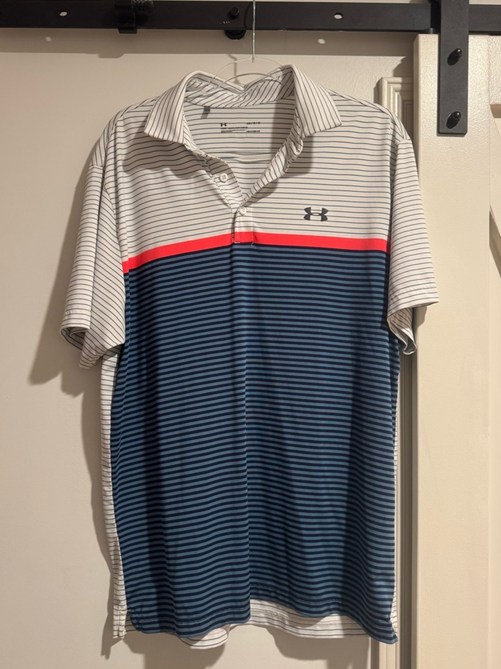 Under Armour Men's Blue and White Striped Polo with Red Accent